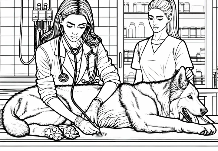 Veterinaria opera a un perro en la sala de tratamiento - Plantilla para colorear detallada gratuita