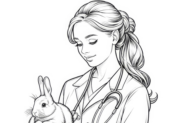 Veterinaria con conejo: plantilla para colorear en elaboración detallada, disponible de forma gratuita