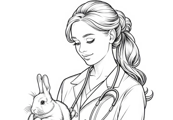 Veterinaria con conejo: plantilla para colorear en elaboración detallada, disponible de forma gratuita