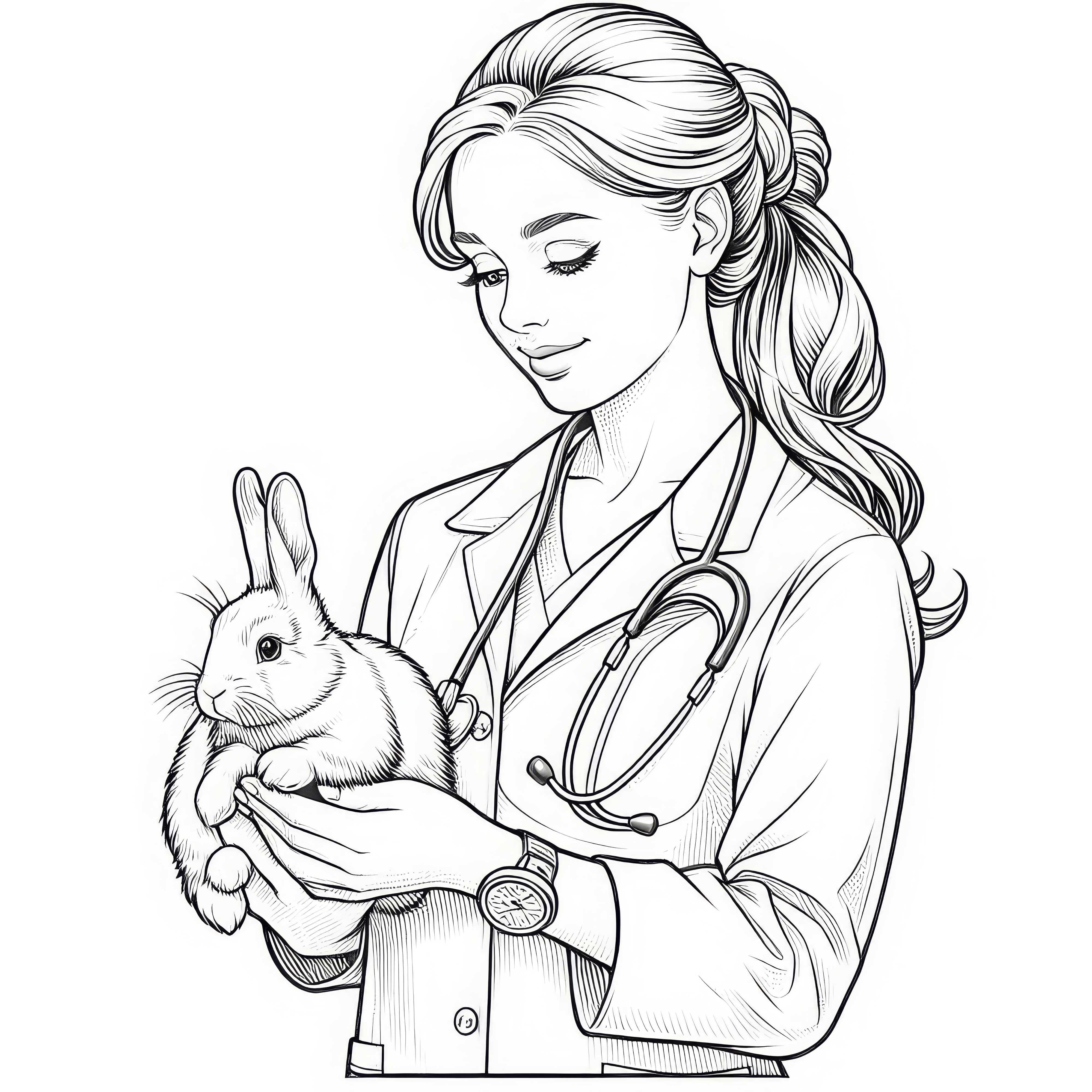 Veterinaria con conejo: plantilla para colorear en detallada ejecución, disponible de forma gratuita