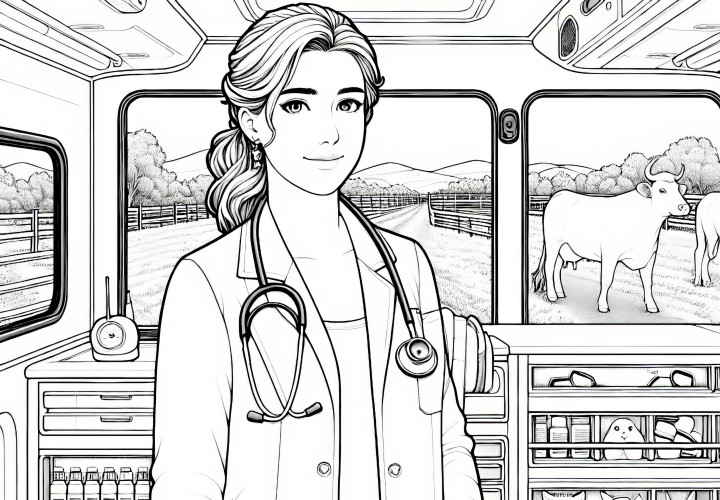 Veterinaria en el vehículo de emergencia - Imagen para colorear para imprimir y colorear en línea