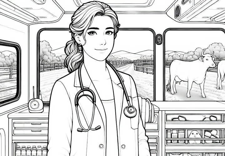 Veterinaria en el vehículo de emergencia - Imagen para colorear para imprimir y colorear en línea