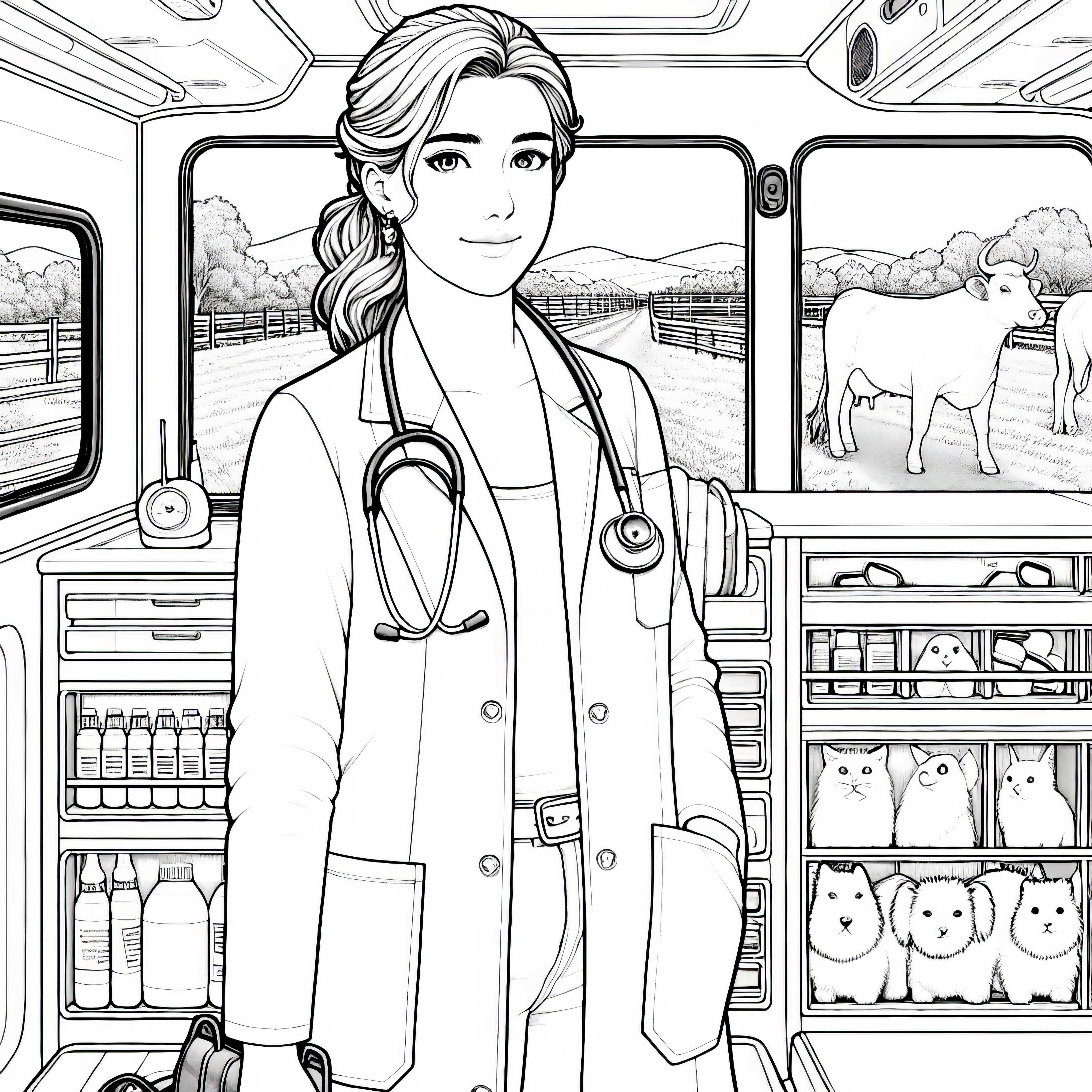 Veterinaria en la furgoneta de emergencias - Imagen para colorear para imprimir y colorear en línea