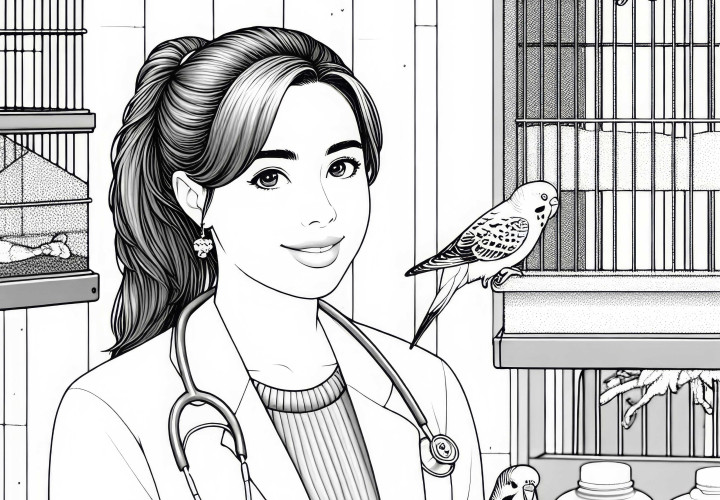Veterinaria en el tratamiento de aves en la clínica de aves - Plantilla para colorear en detalle y gratis