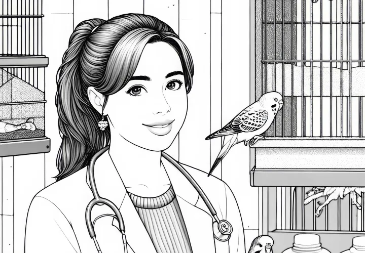 Veterinaria en el tratamiento de aves en la clínica de aves - Plantilla para colorear en detalle y gratis