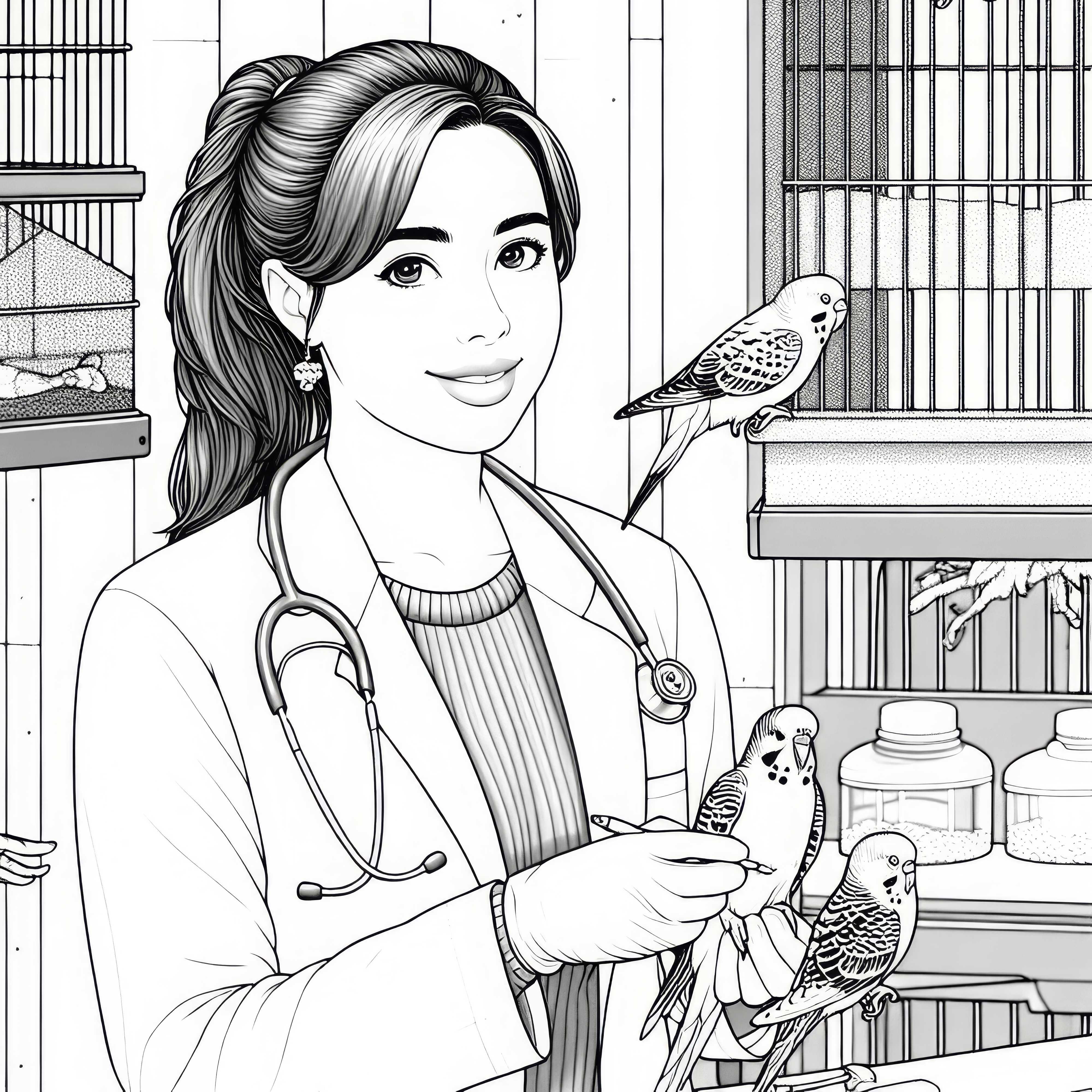 Veterinaria en el tratamiento de aves en la clínica aviar – Plantilla para colorear detallada y gratuita