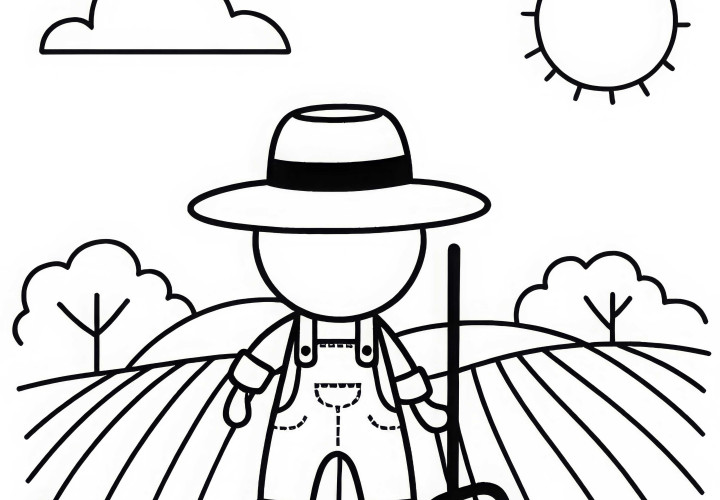 Fazendeiro com chapéu de palha e forcado no campo – Desenho para colorir simples e gratuito