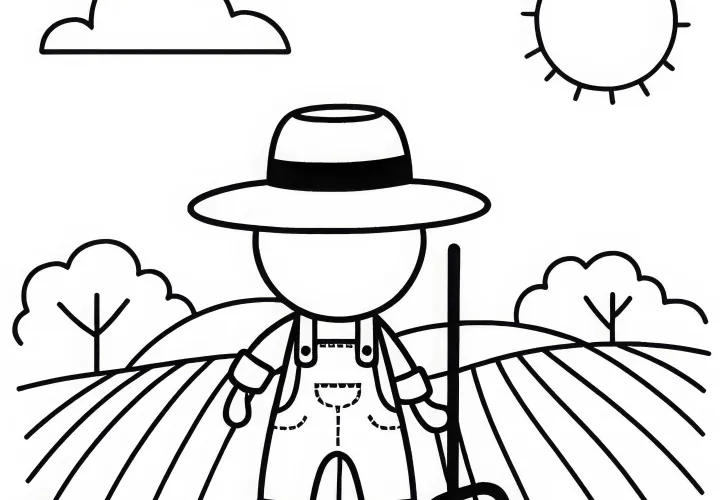 Granjero con sombrero de paja y horquilla en el campo - Plantilla para colorear fácil y gratuita