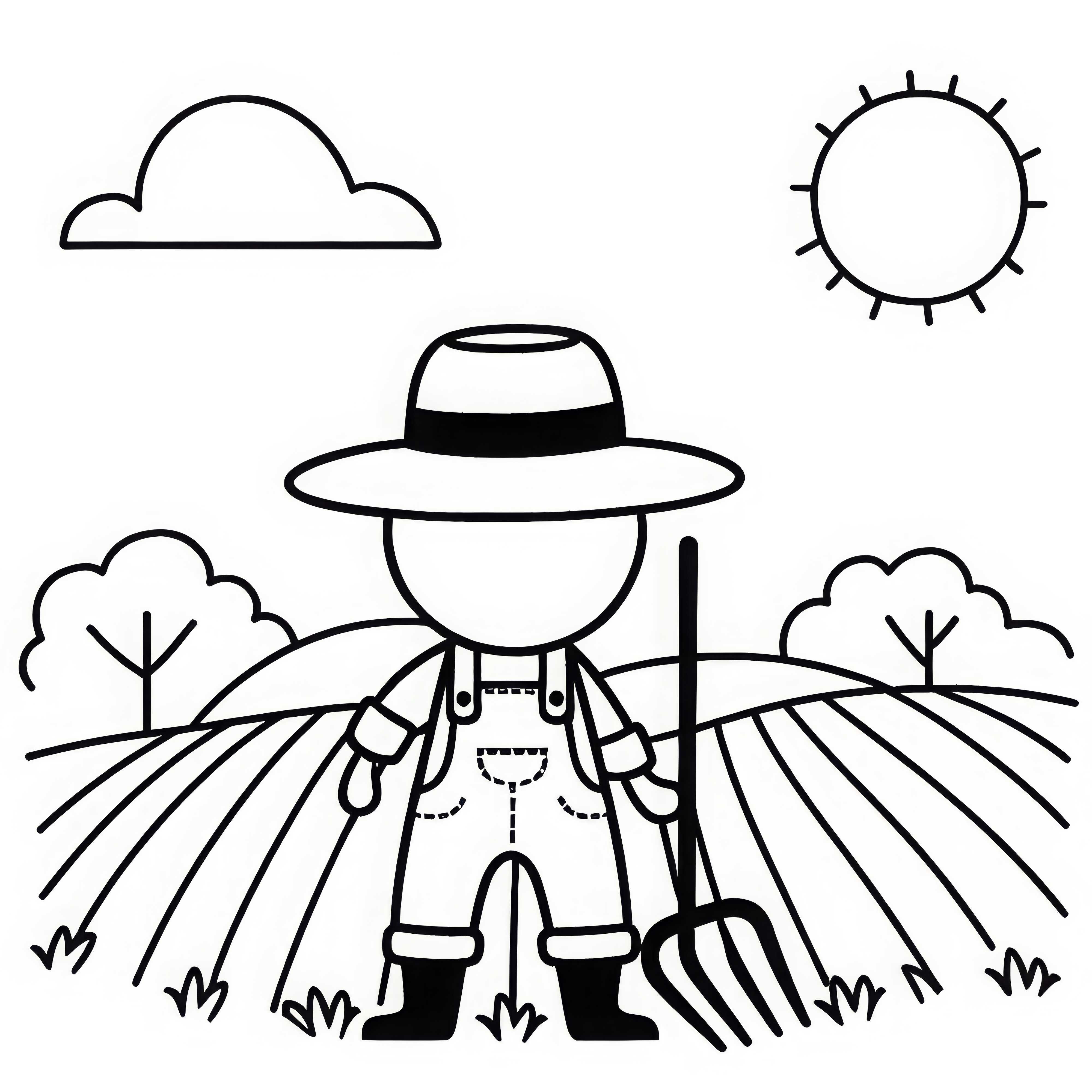Agricultor com chapéu de palha e forquilha no campo – Modelo de colorir simples e grátis