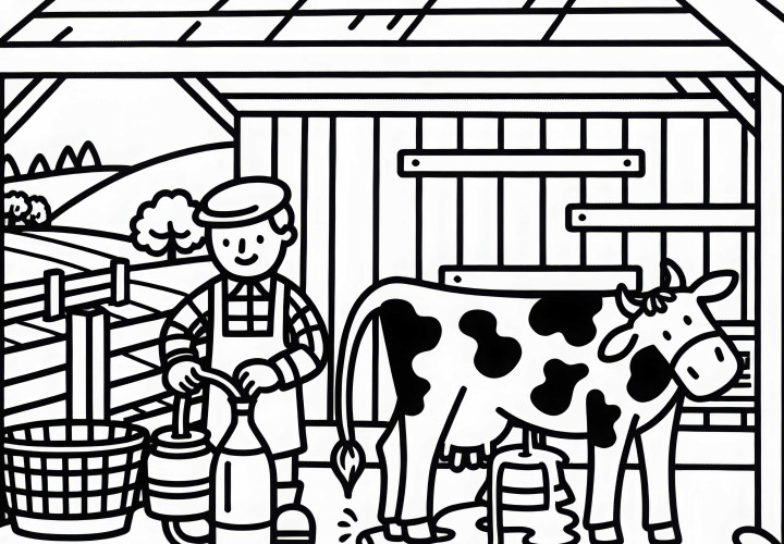 Fazendeiro ordenha a vaca no estábulo – Desenho para colorir grátis