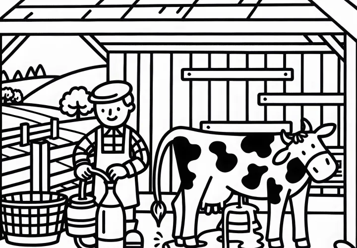 El granjero ordeña a la vaca en el establo - Dibujo para colorear gratuito