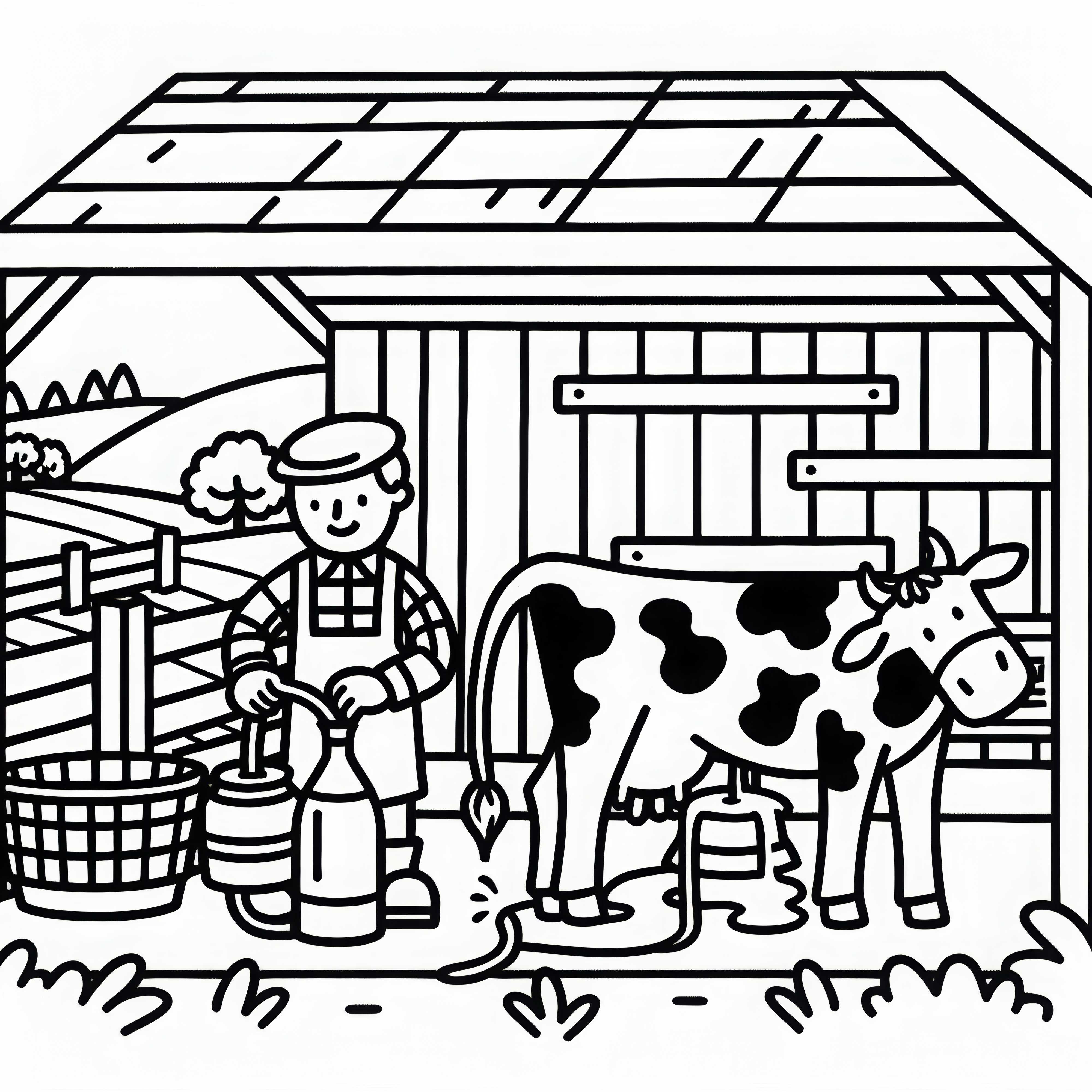 O fazendeiro ordenha a vaca no estábulo – Imagem para colorir simples e gratuita