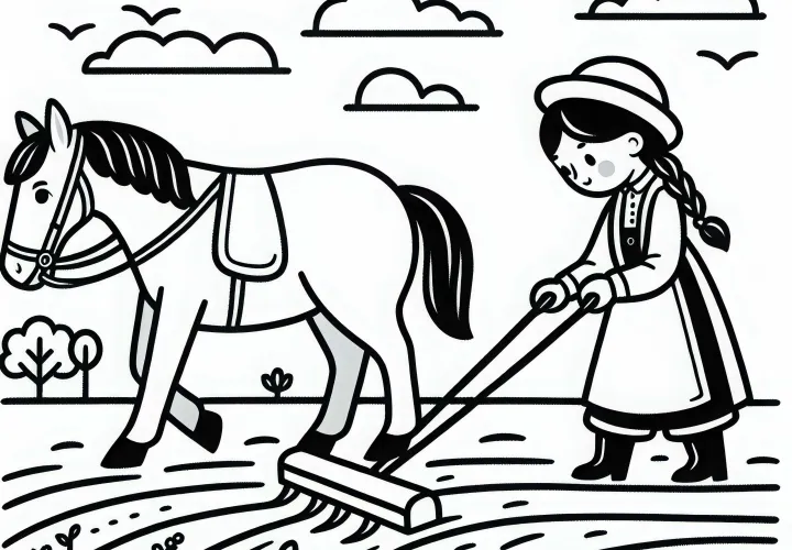 Granjera arando el campo - Plantilla para colorear sencilla y gratuita