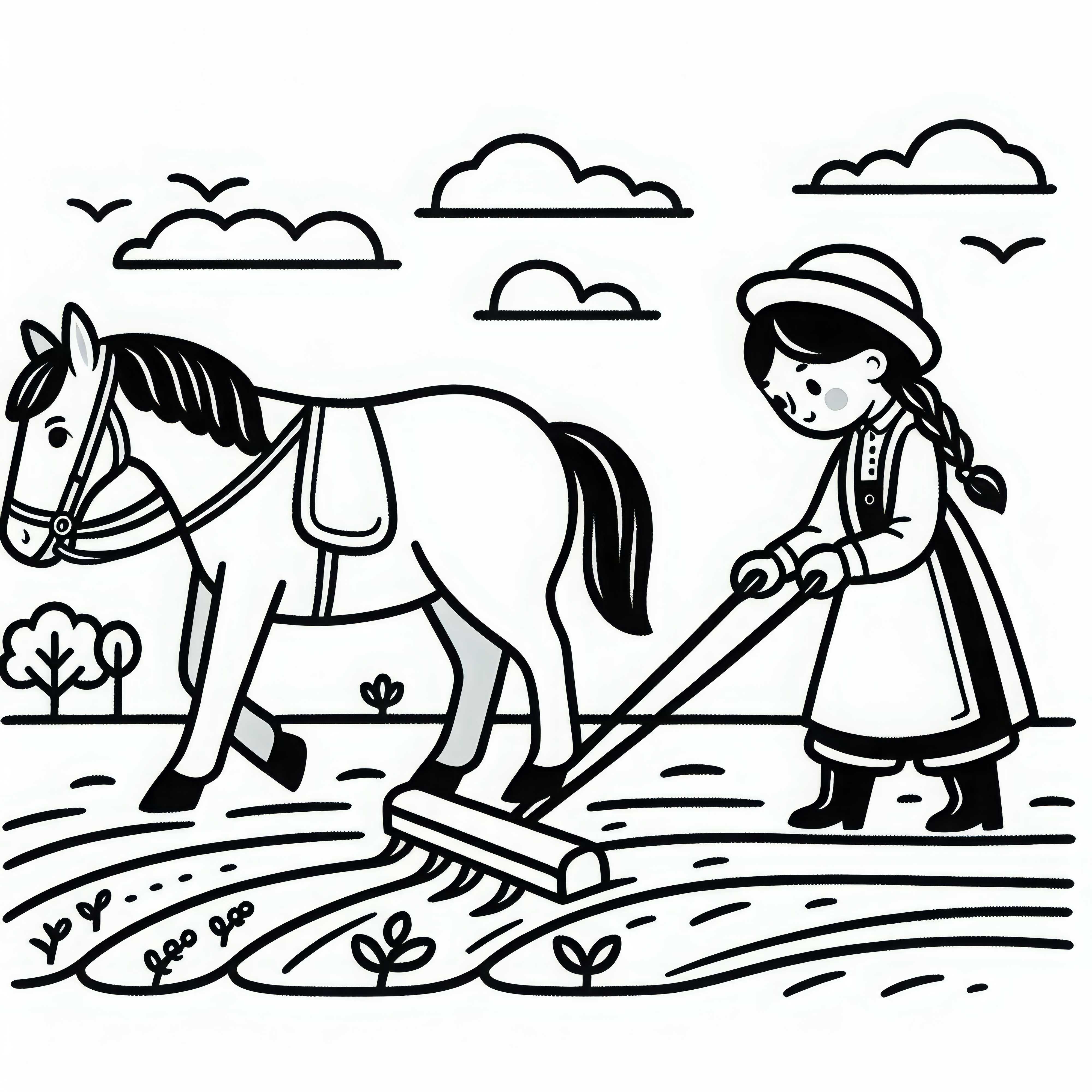 Camponesa Arando o Campo - Desenho para Colorir Simples e Gratuito