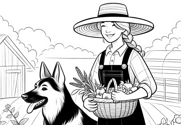 Imagem para colorir de uma camponesa com um pastor alemão trabalhando no pasto – Oferta de download gratuito