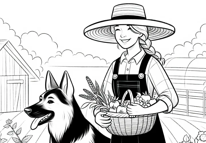 Imagen para colorear de una campesina con perro pastor trabajando en el prado - Oferta de descarga gratuita