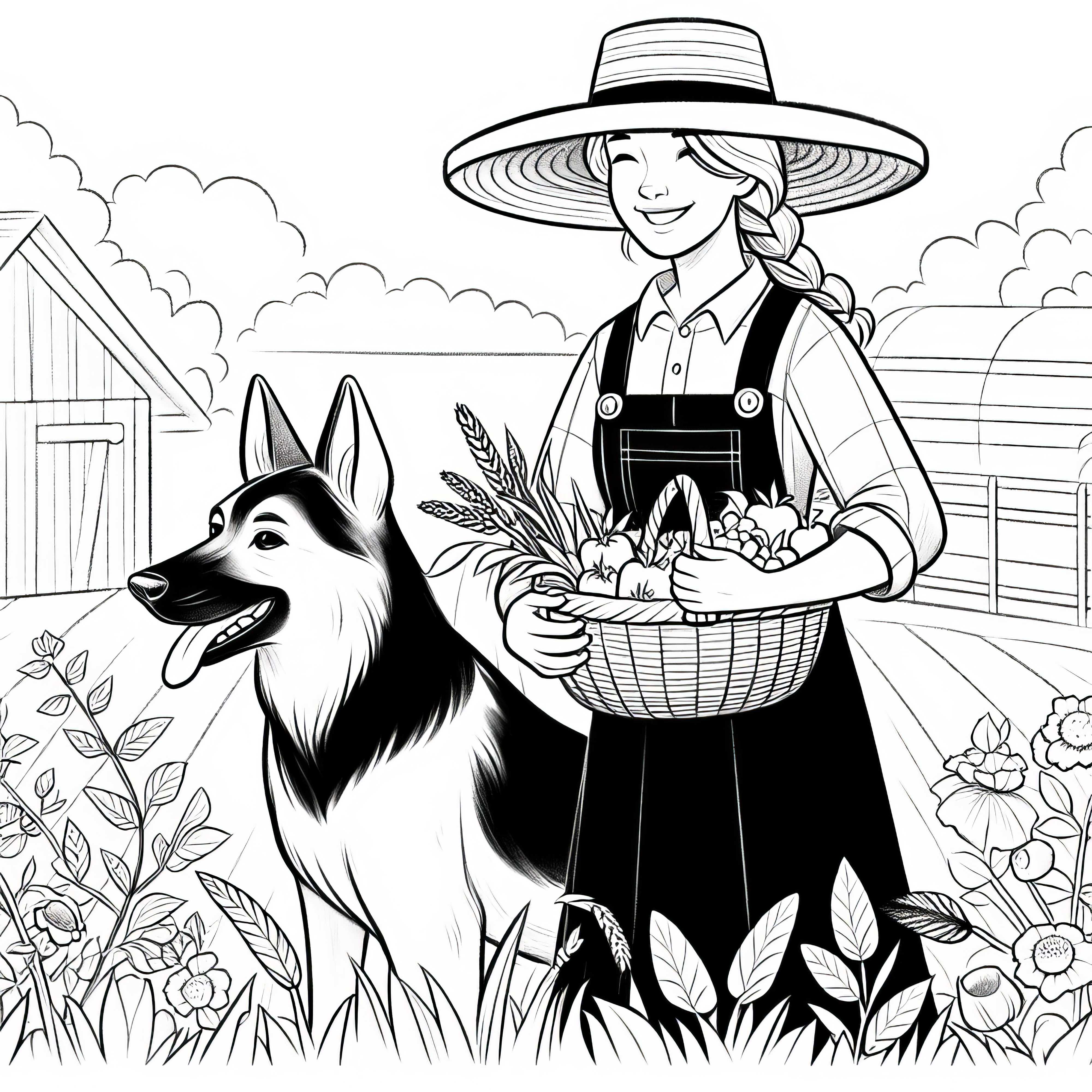 Desenho para colorir de uma camponesa com pastor alemão trabalhando no pasto – Oferta de download gratuito
