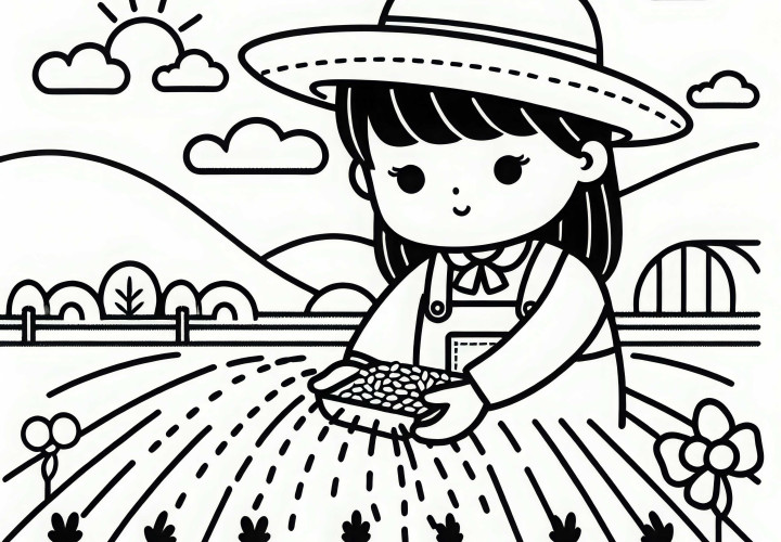 Uma camponesa espalha sementes no campo – Desenho para colorir simples e grátis