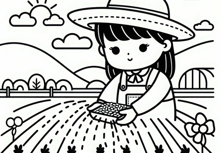 Una campesina esparce semillas en el campo - Imagen para colorear sencilla y gratuita