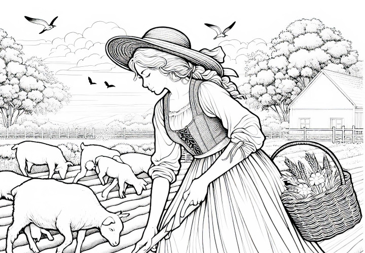 Imagem para colorir de uma camponesa detalhada - Baixe gratuitamente