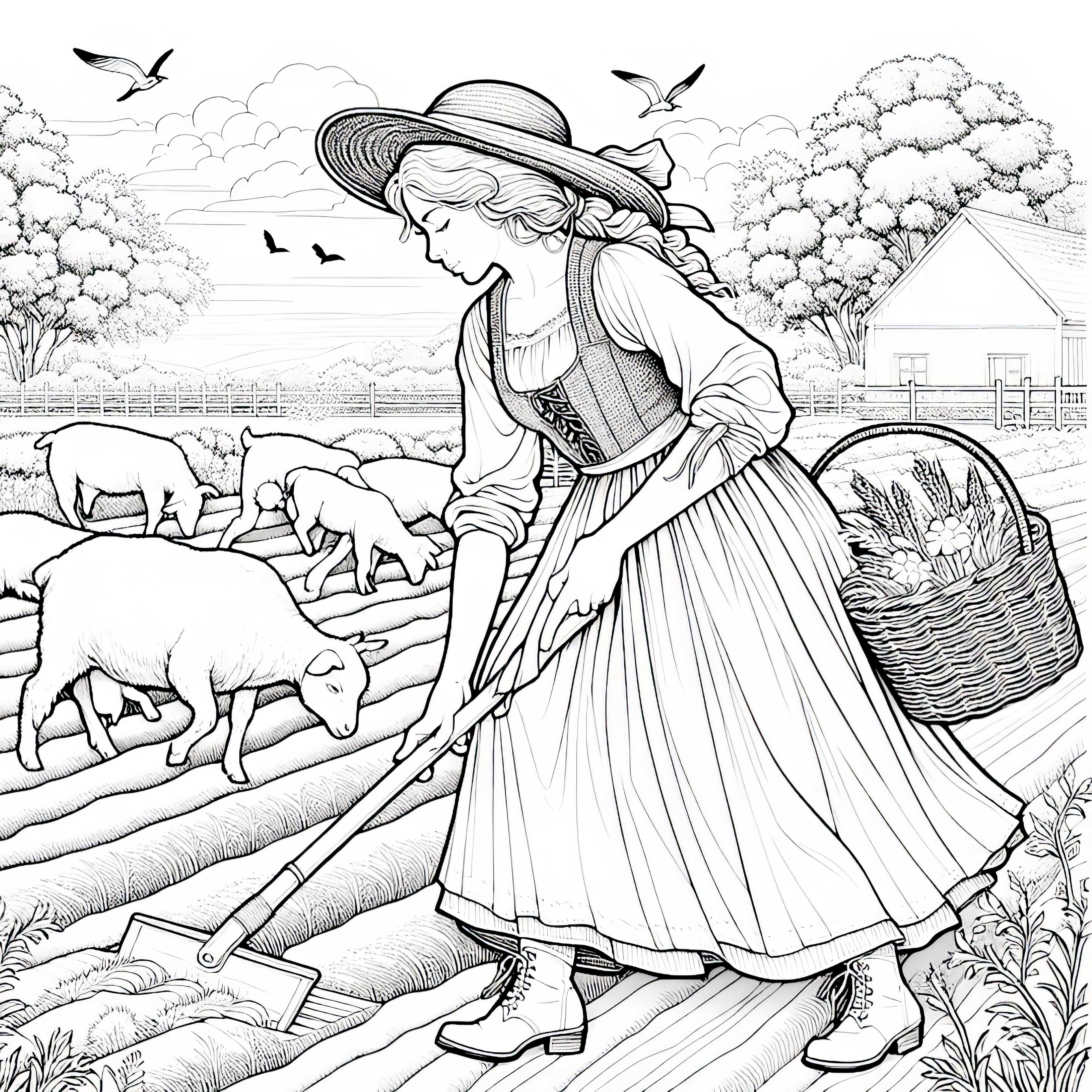 Desenho para colorir de uma camponesa detalhada - Baixar gratuitamente