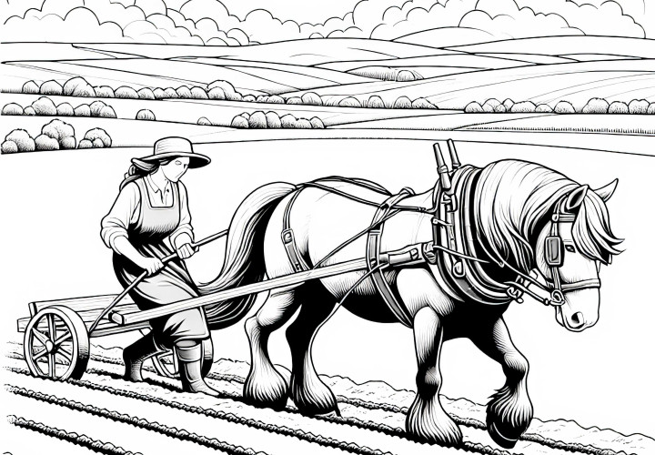 Desenho para colorir de uma camponesa arando um campo com um cavalo – Detalhado e gratuito