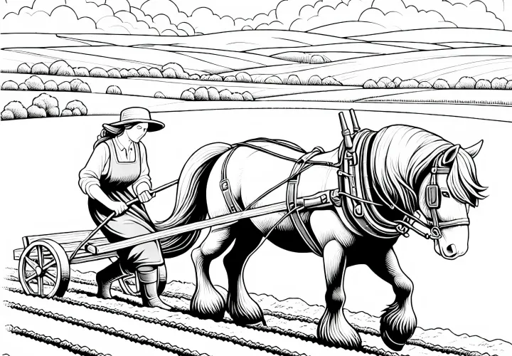 Dibujo para colorear de una campesina arando un campo con un caballo – Detallado y gratuito