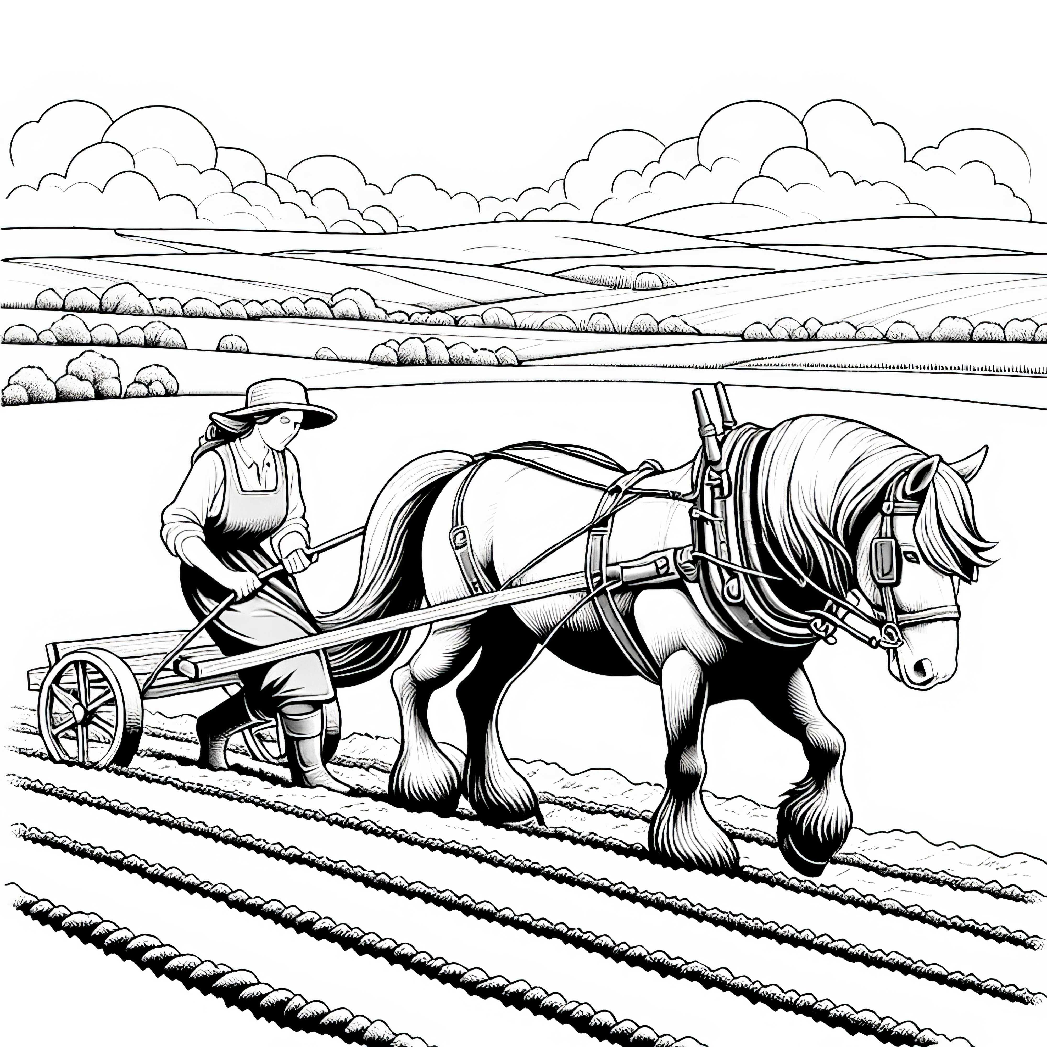 Desenho para colorir de uma camponesa arando um campo com um cavalo – Rico em detalhes e gratuito