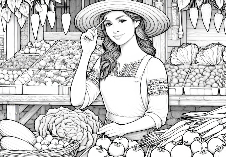 Desenho para colorir de uma camponesa na banca do mercado com produtos frescos - detalhado e gratuito