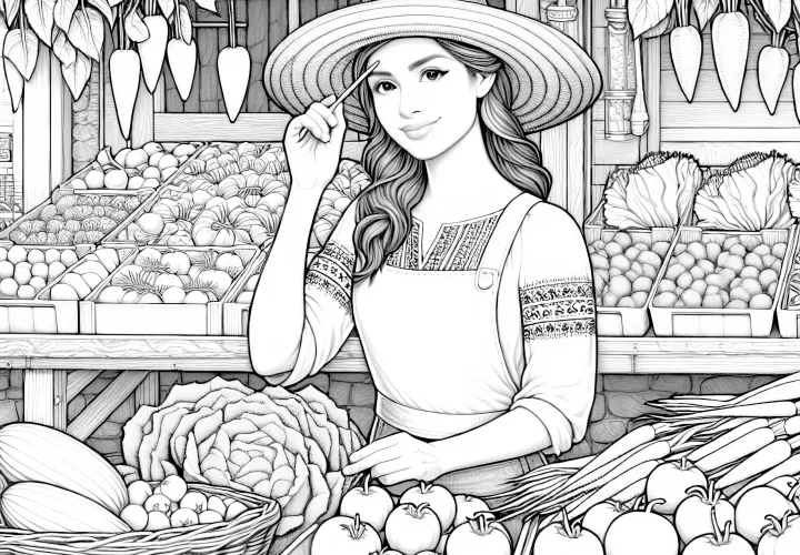 Dibujo para colorear de una campesina en un puesto de mercado con productos frescos - detallado y gratis