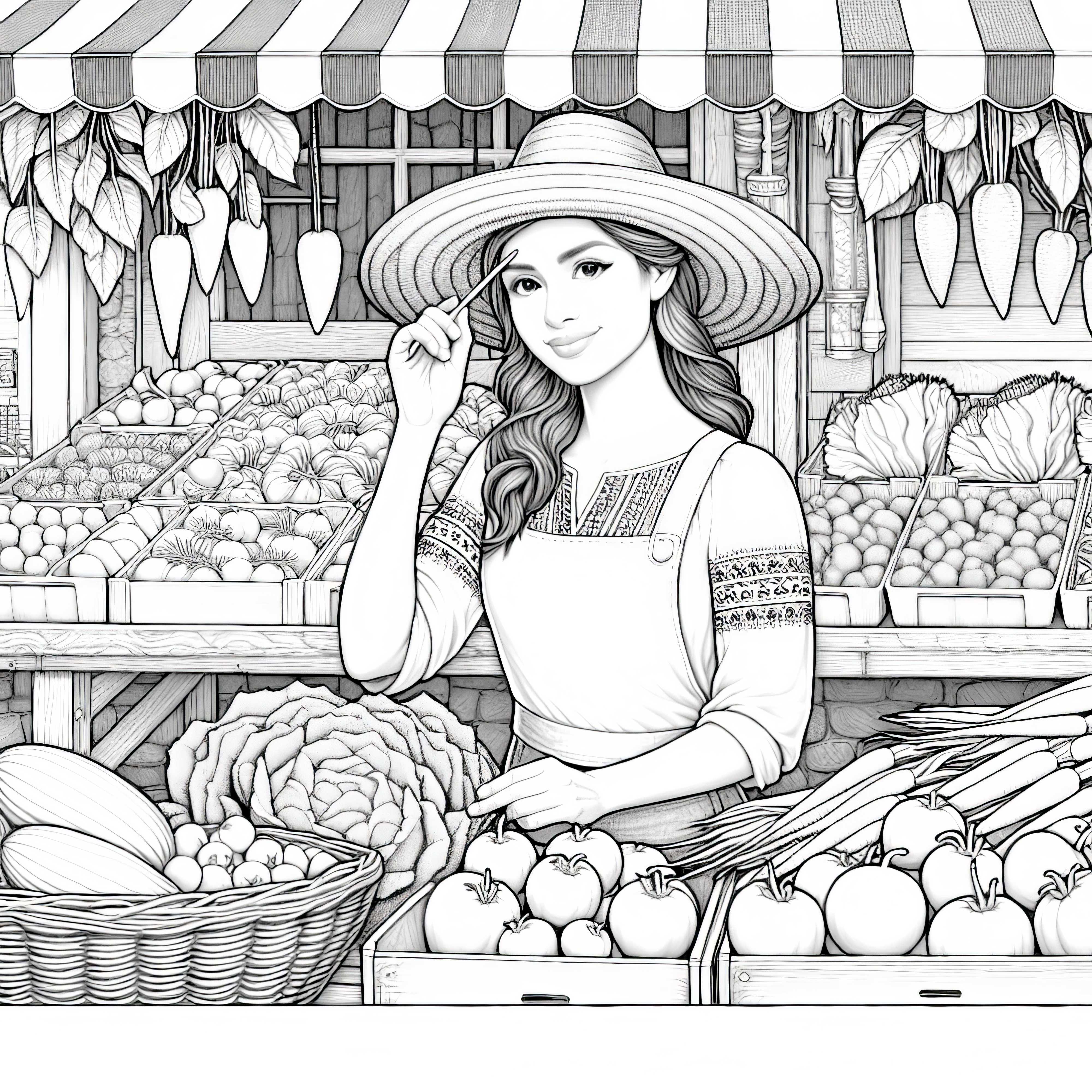 Desenho para colorir de uma agricultora na banca de mercado com produtos frescos – detalhado e grátis