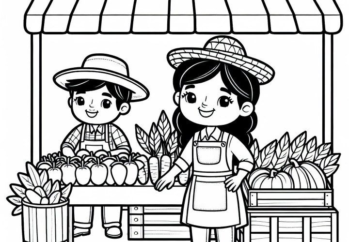 Agricultores na barraca do mercado com produtos frescos – Imagem para colorir simples e grátis