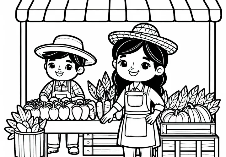 Agricultores en el mercado con productos frescos - Dibujo para colorear simple y gratis