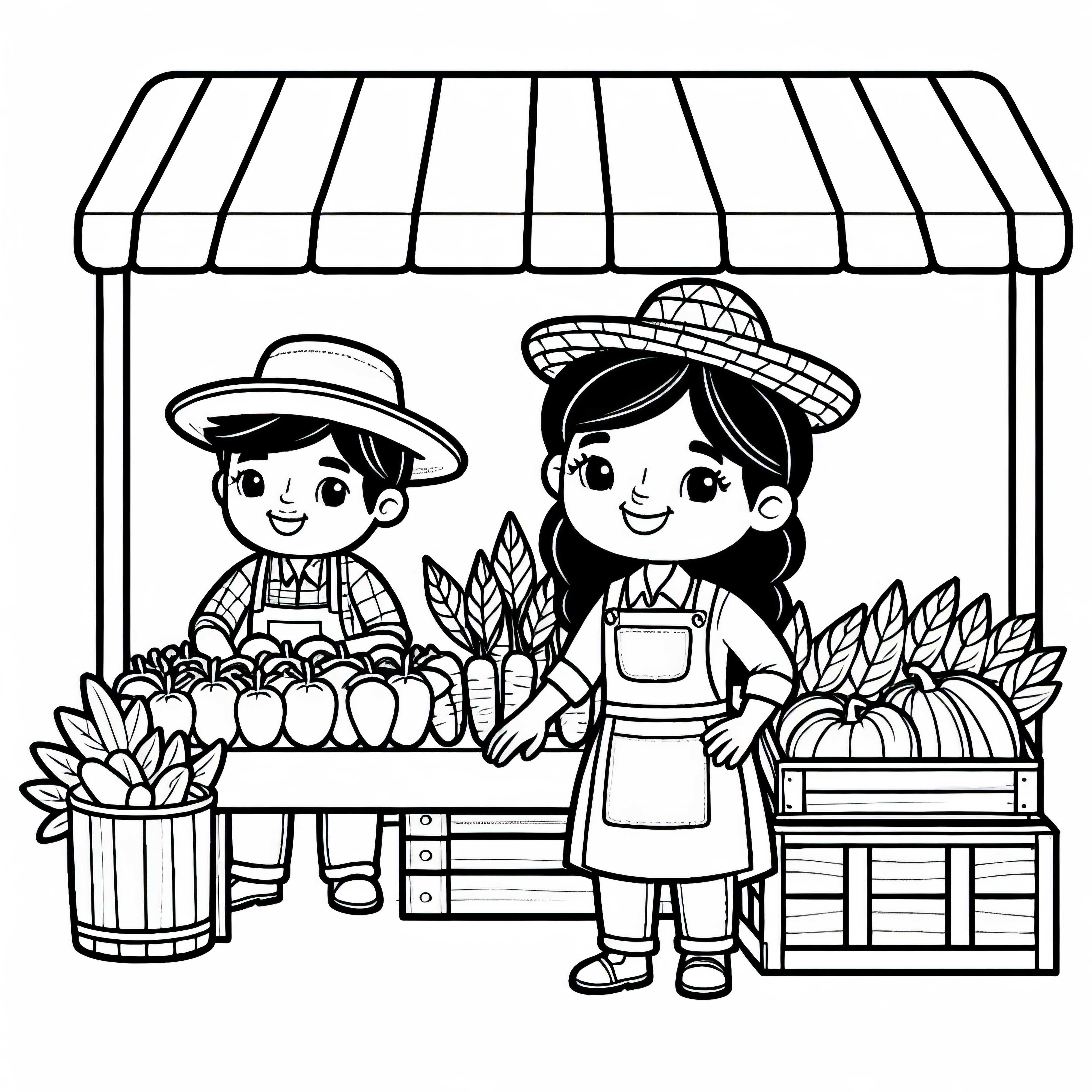 Agricultores na feira com produtos frescos - Desenho para colorir simples e gratuito