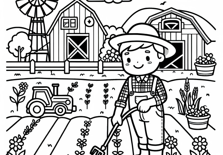 Desenho para colorir de fazenda com fazendeiro - Simples e Grátis