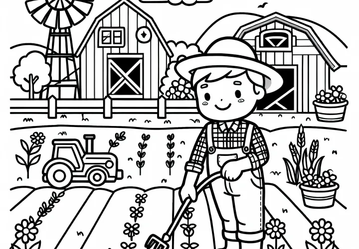 Plantilla para colorear de granja con granjero - Simple y gratuita