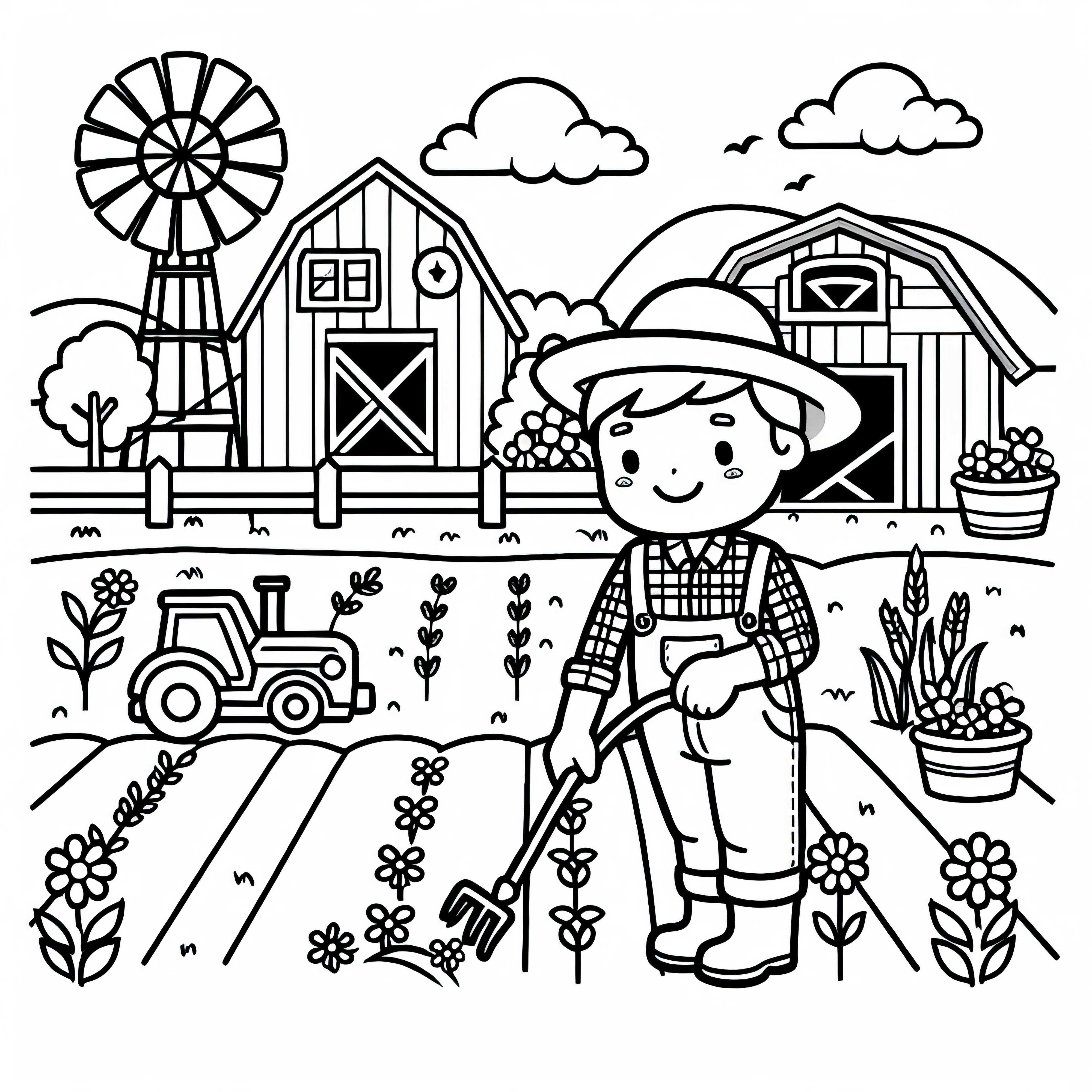 Fazenda com fazendeiro modelo para colorir - Fácil e Gratuito