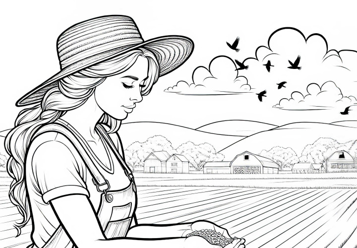 A agricultora espalha sementes no campo – Desenho para colorir detalhado grátis