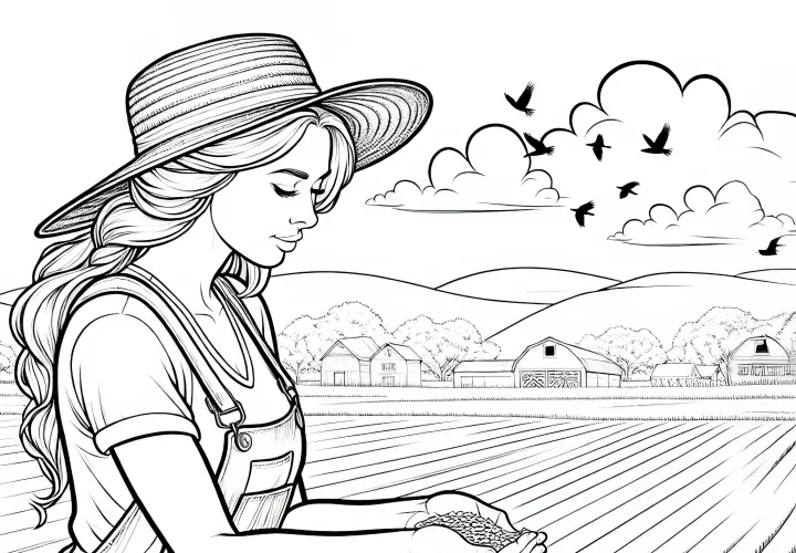 La agricultora esparce semillas en el campo – Dibujo para colorear detallado gratis