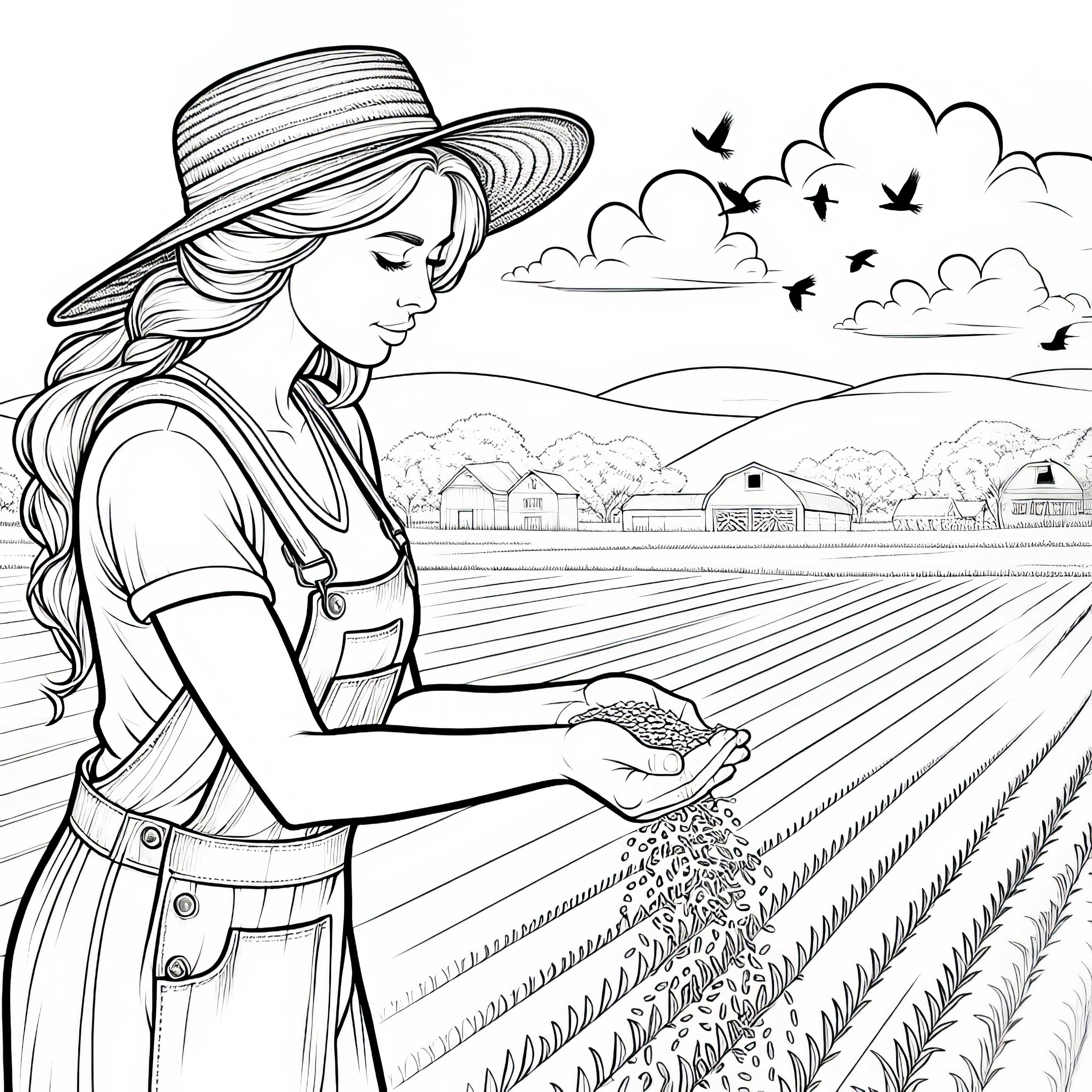 Camponesa espalha sementes no campo - Desenho para colorir detalhado gratuito