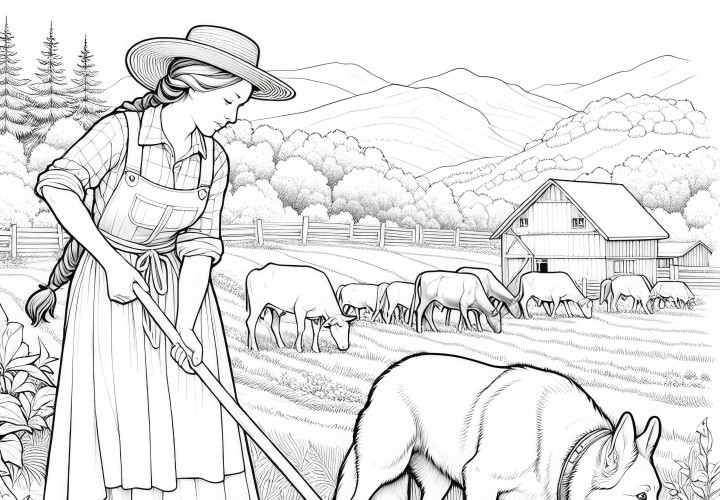 Desenho para colorir de uma agricultora com um cachorro trabalhando no pasto - Download gratuito