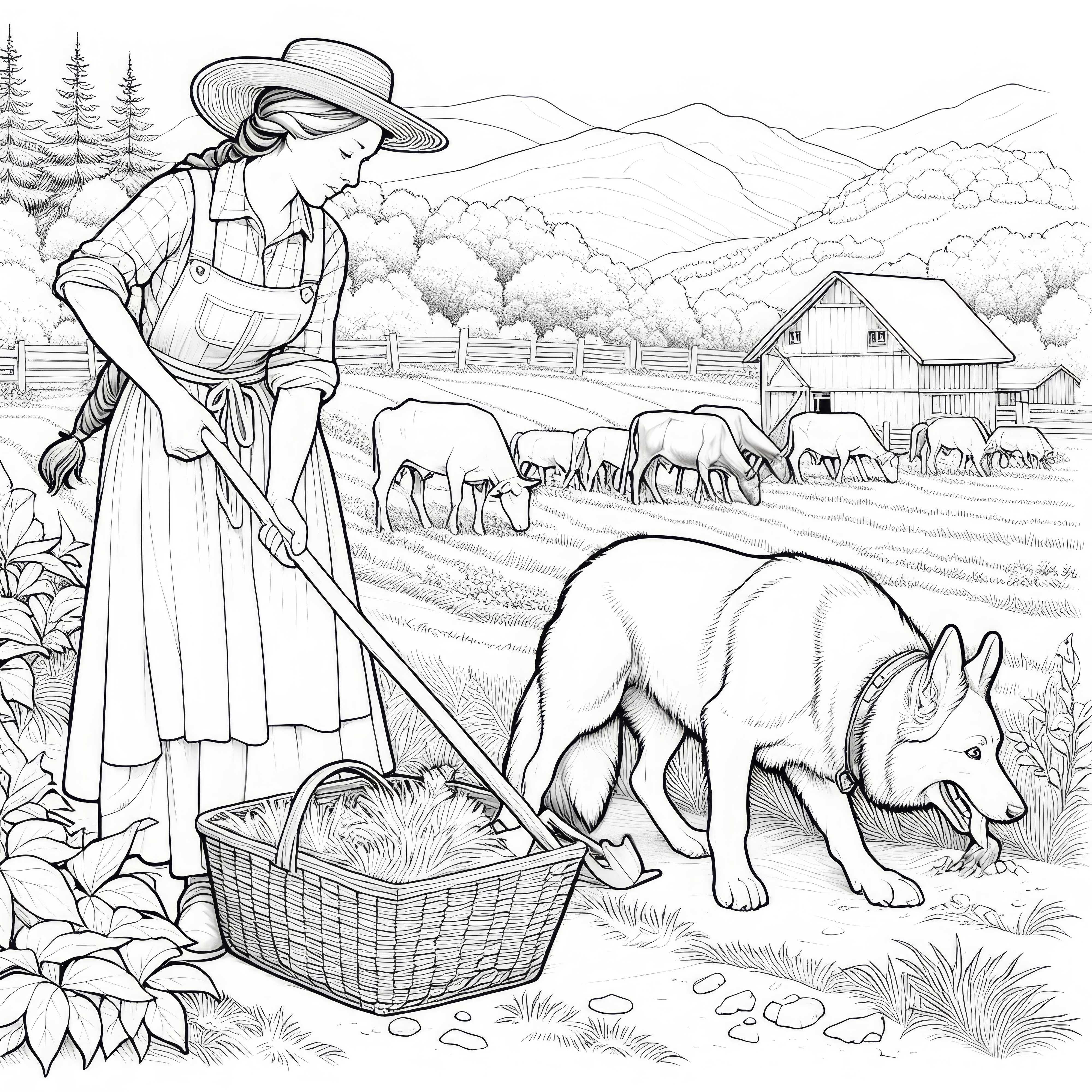 Desenho para colorir de uma agricultora com um cachorro trabalhando no pasto - Download gratuito