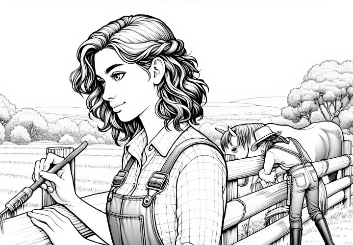 Desenho para colorir de uma fazendeira consertando uma cerca no quintal - Download gratuito