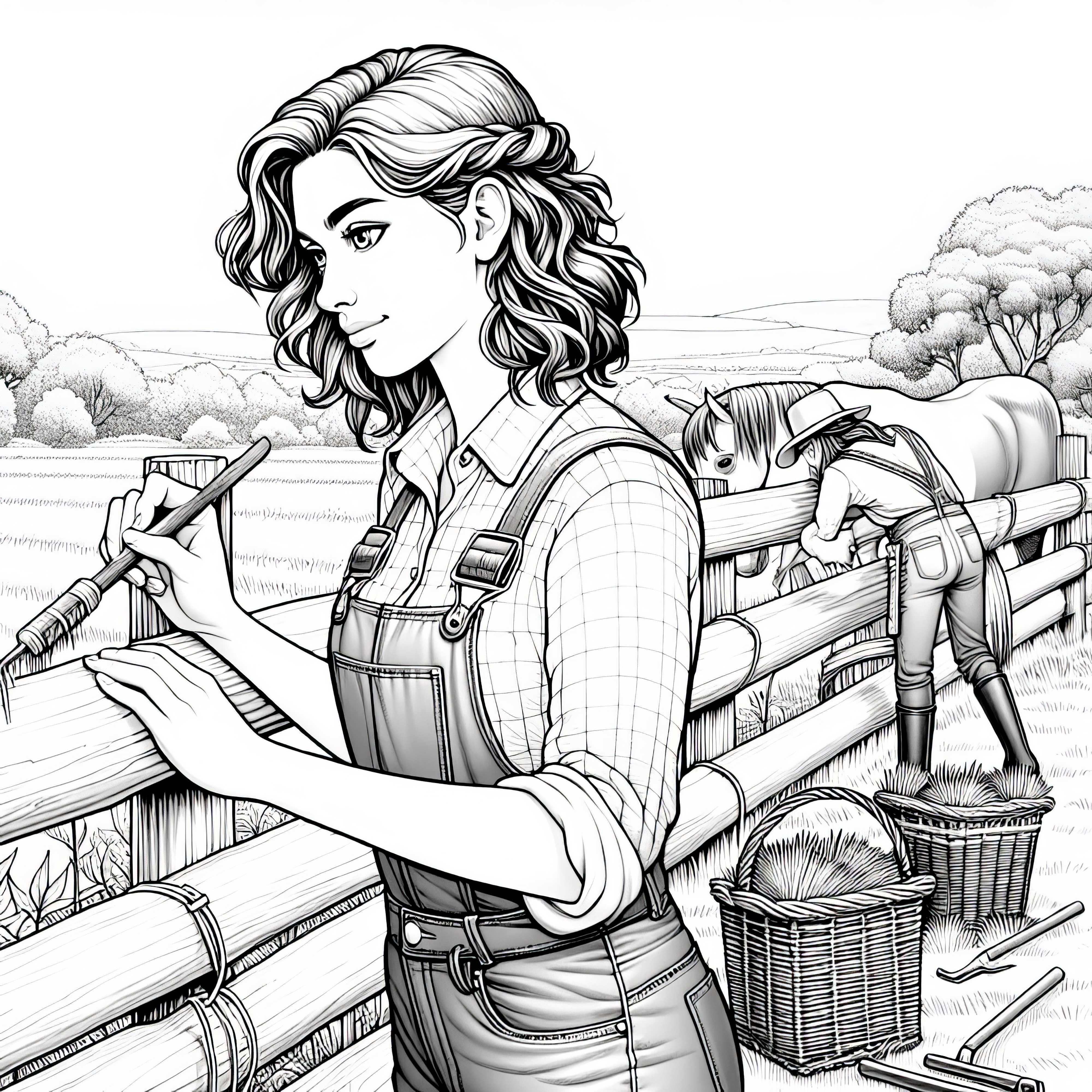 Desenho para colorir de uma camponesa consertando uma cerca no quintal - Baixar gratuitamente