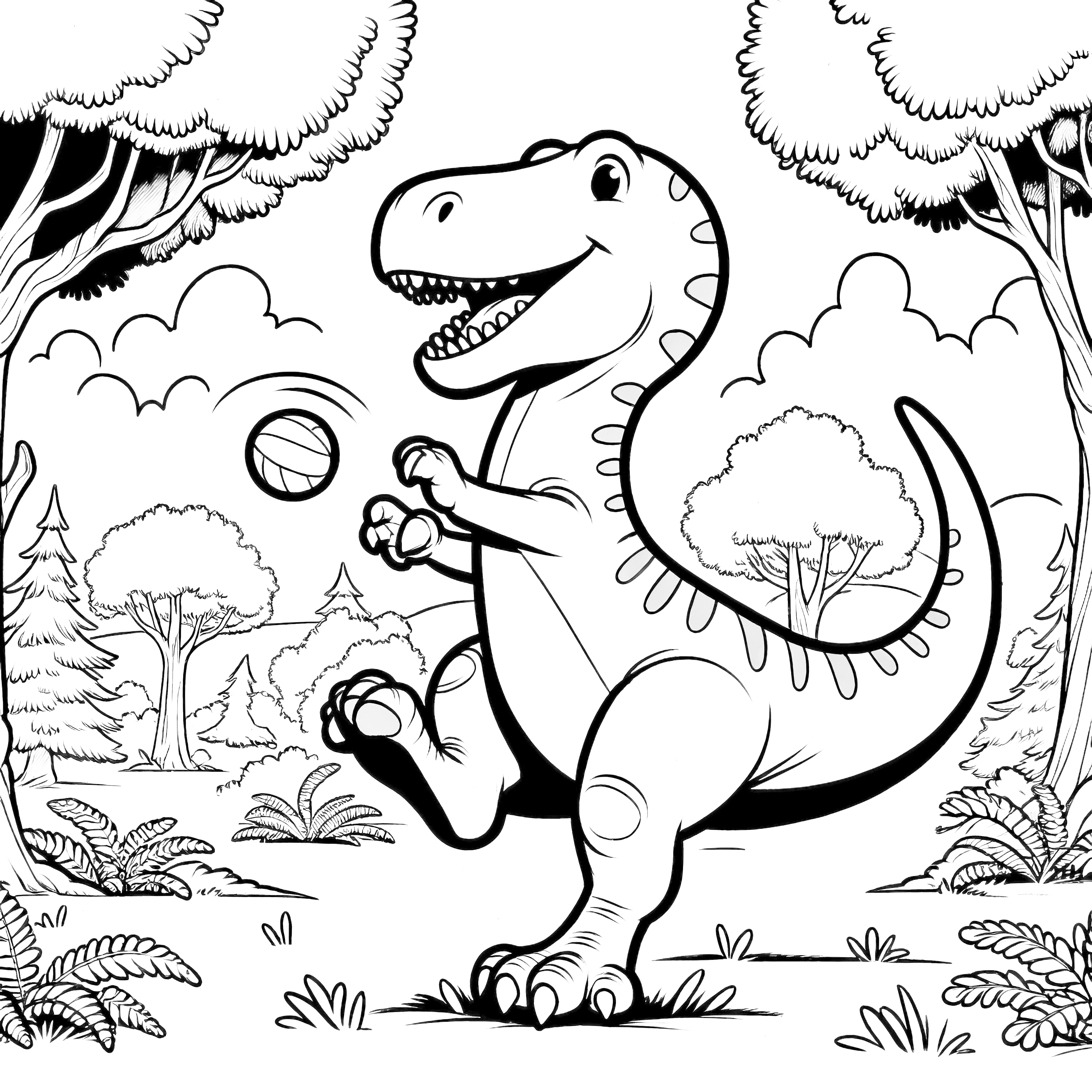 Dinosauros, ktorý hrá s loptou, obklopený stromami a rastlinami.