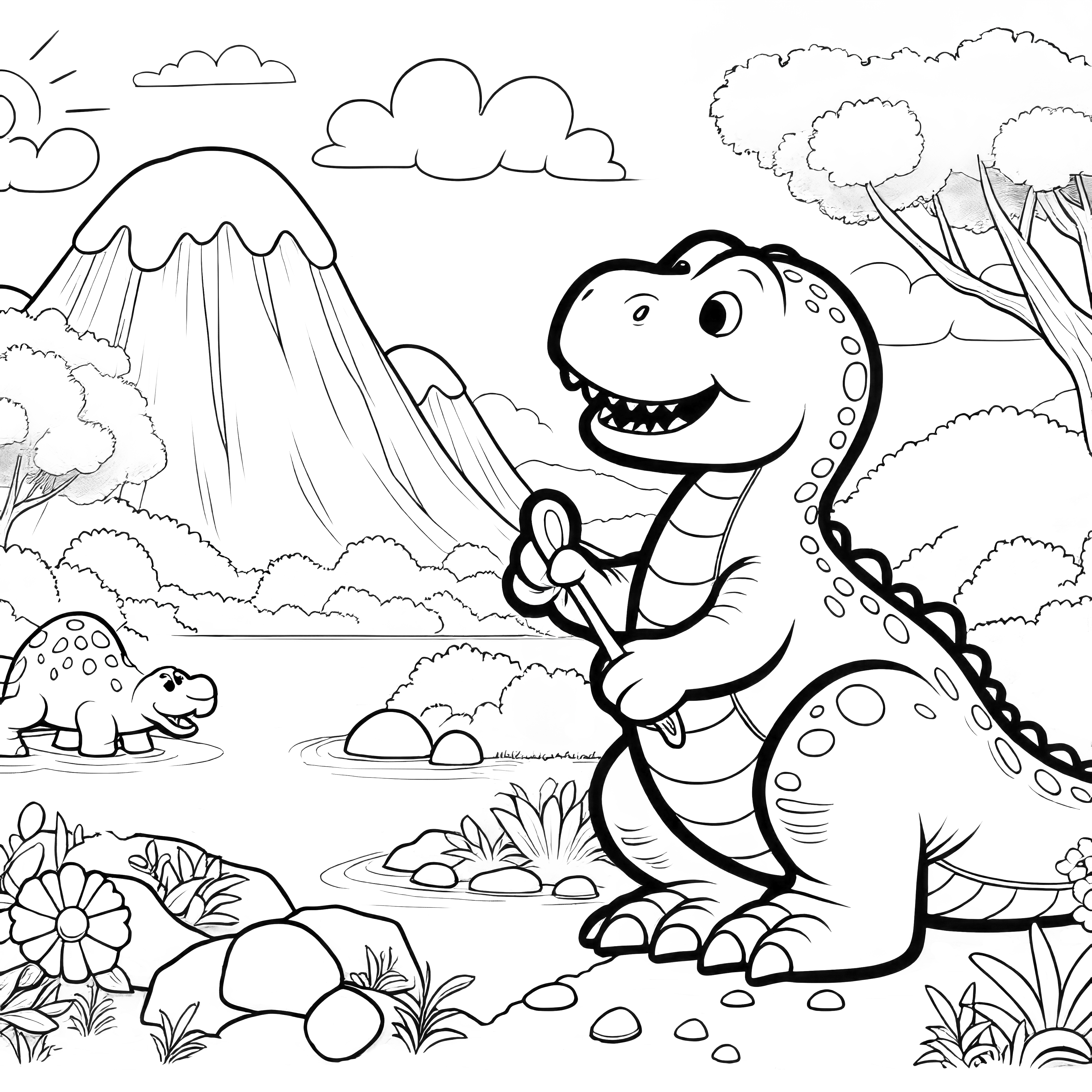 Vykreslenie s dinosaurem, džungľovou krajinou a sopkou