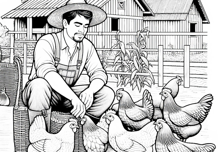 Fazendeiro alimenta galinhas na fazenda - Modelo para colorir detalhado e gratuito