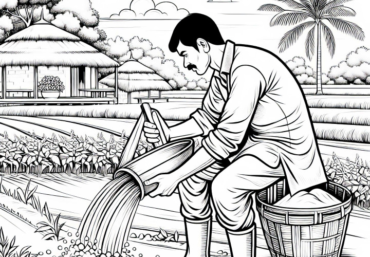 Desenho para colorir de uma fazenda com fazendeiro - Rico em detalhes e grátis