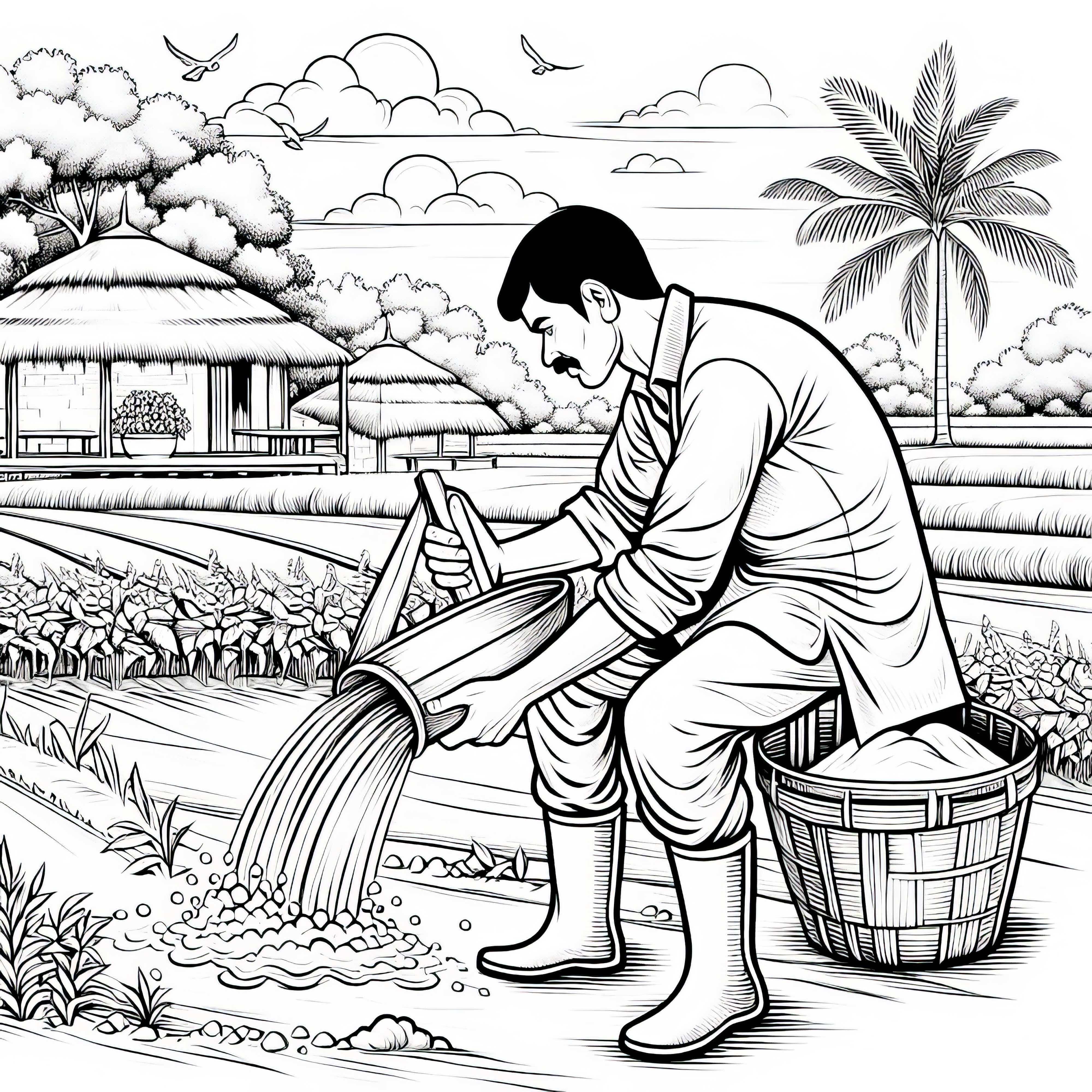 Desenho para colorir de uma fazenda com fazendeiro – Rico em detalhes e gratuito