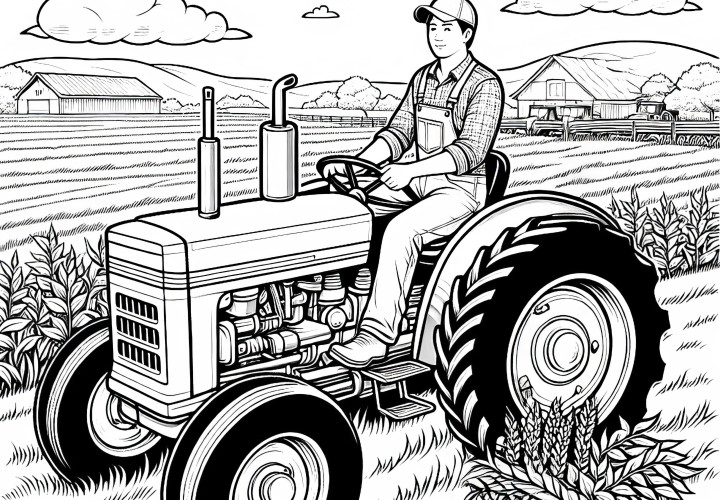 Trator com fazendeiro - Desenho para colorir detalhado grátis